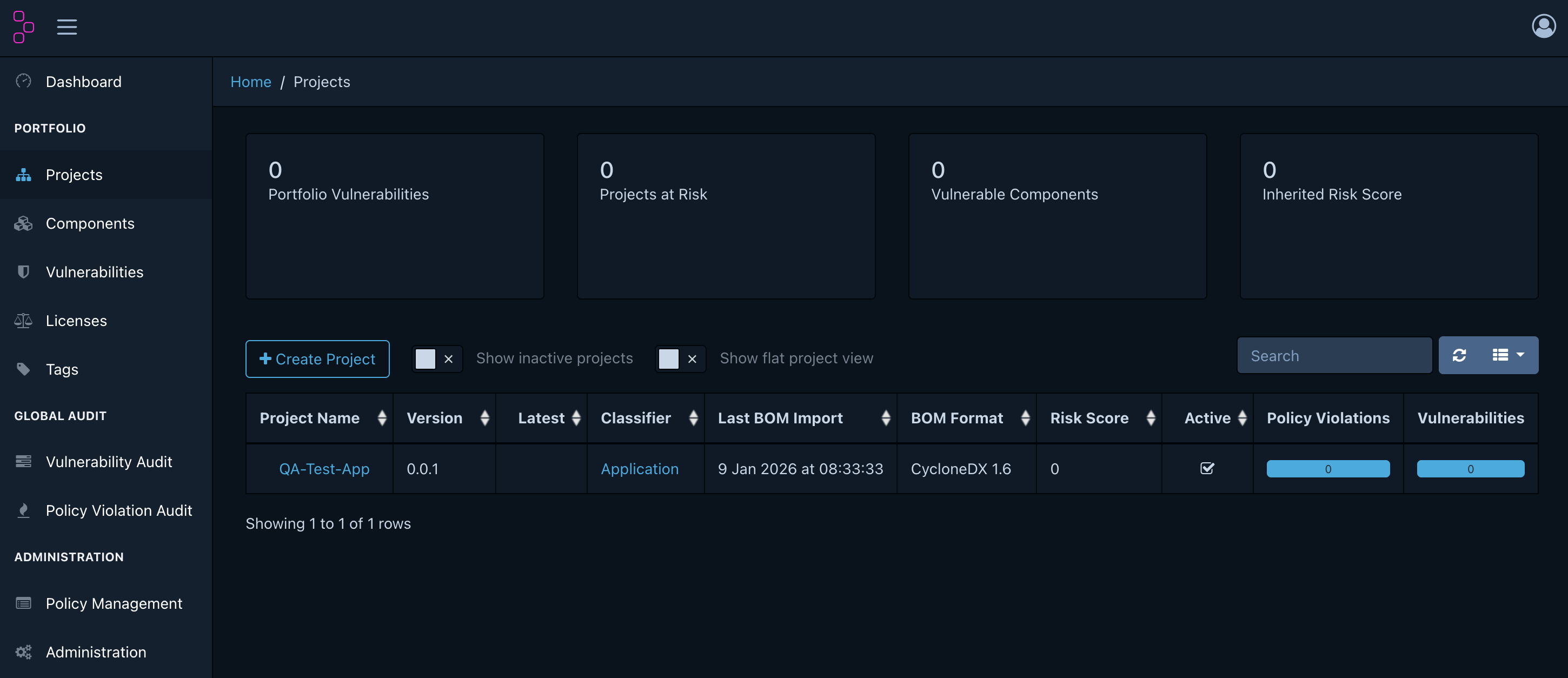 Projects list after upload completes
